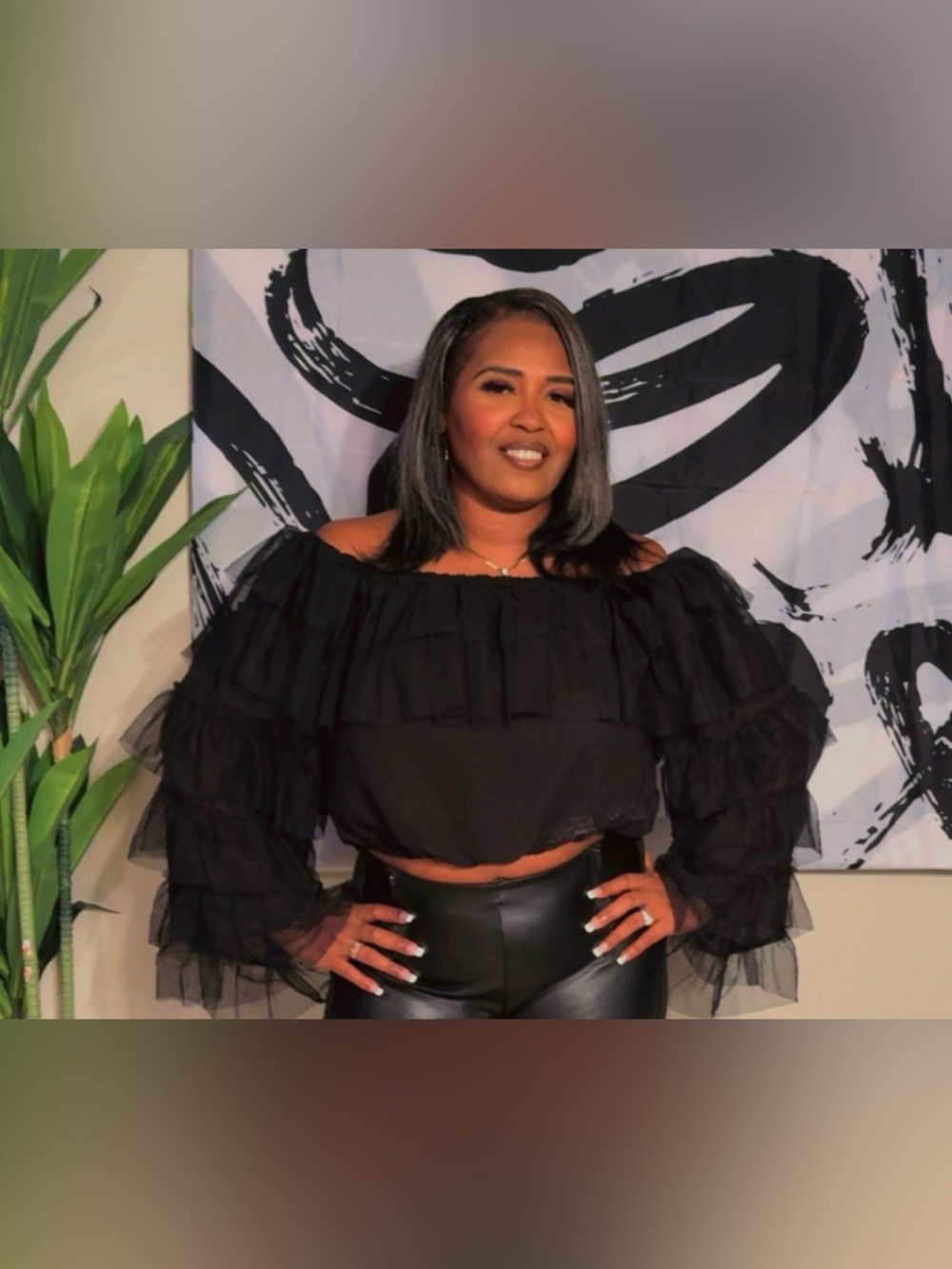 Women’s Black Off-Shoulder Ruffle Crop Top